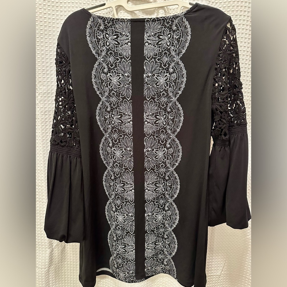 black & white Alfani blouse lace detailing bell sleeves small rhinestones top